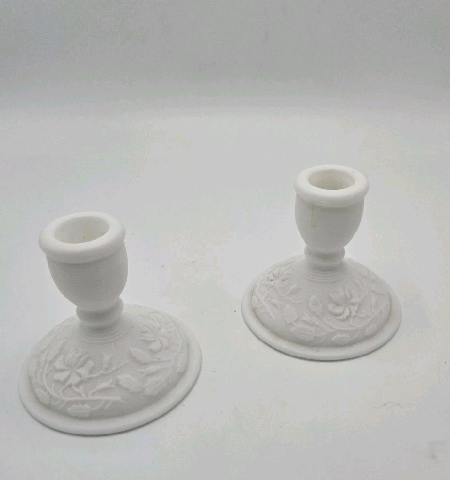 Set Of 2 VTG Imperial Glass Milk Glass GrapeMotif Taper Candle Holders 1950s