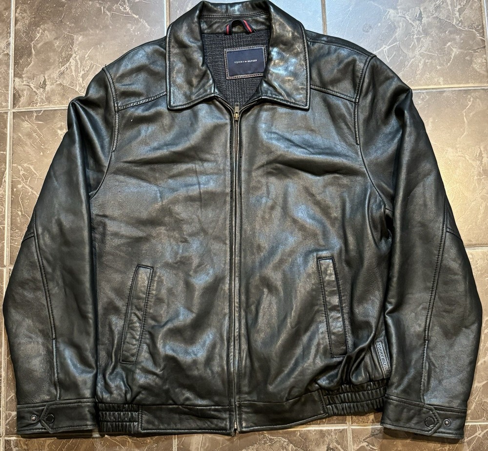 Vintage Tommy Hilfiger Leather Bomber Black Jacket Size XL