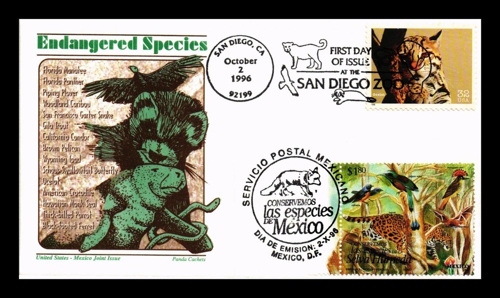 Dr Jim Stamps Us Cover Endangered Species Fdc Mexico Combo Thermographed Cachet