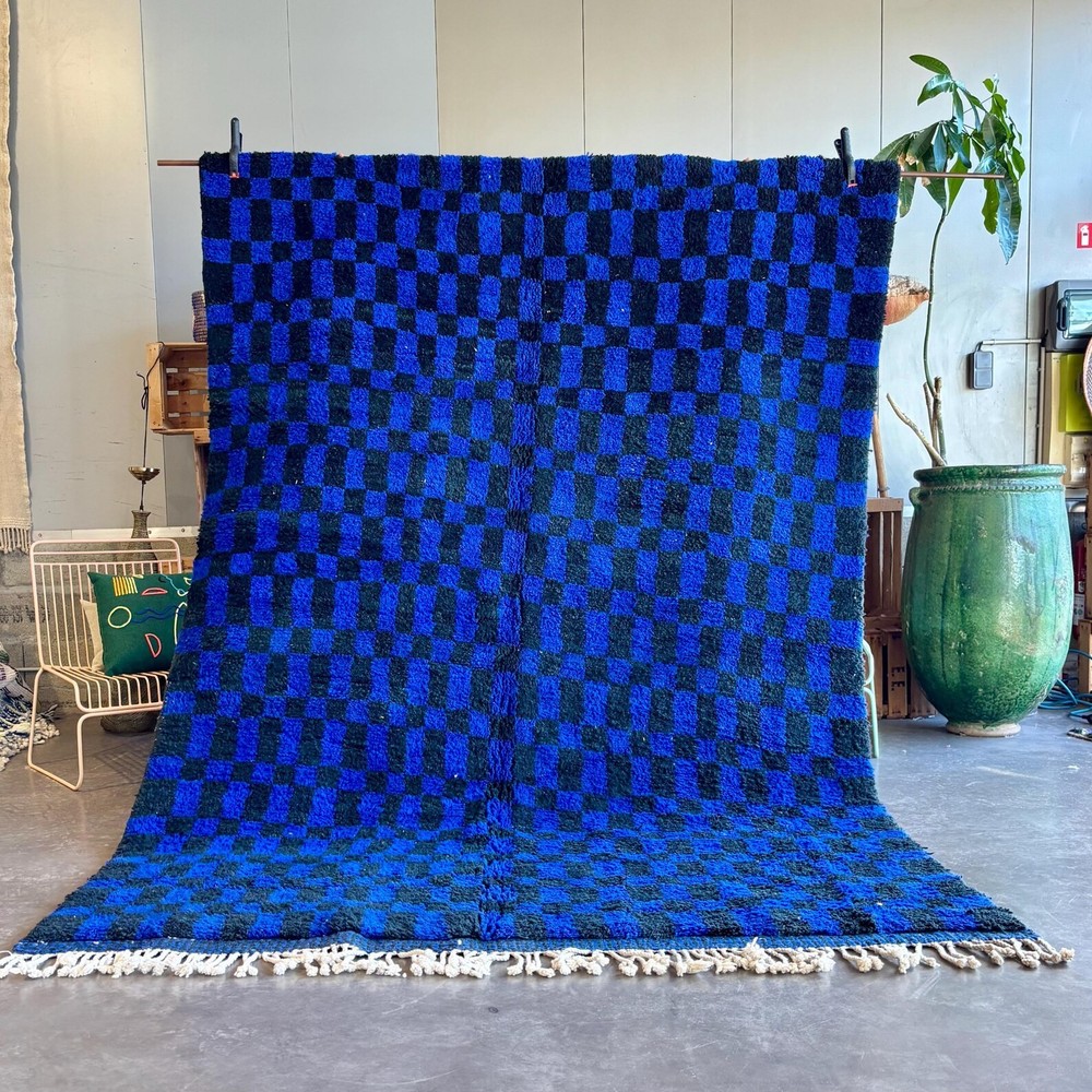 Handmade Moroccan Berber Wool Rug Color Black & Blue Luxury Design Carpet Rug
