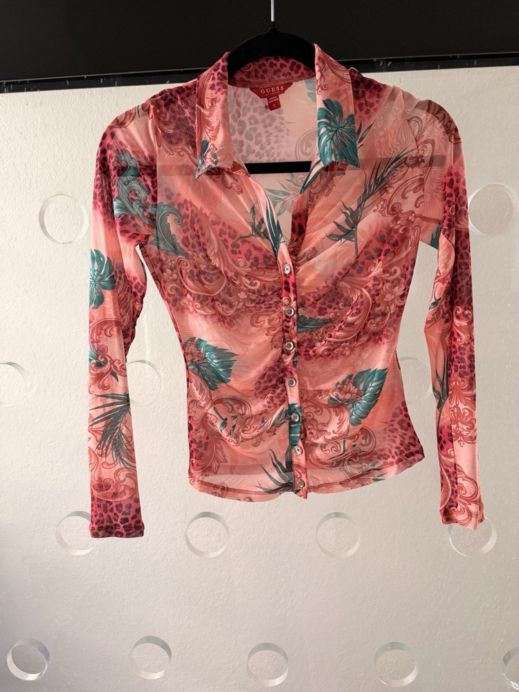 GUESS Pink Green Mesh Sheer Floral Animal Print Button-Up Collared Blouse S