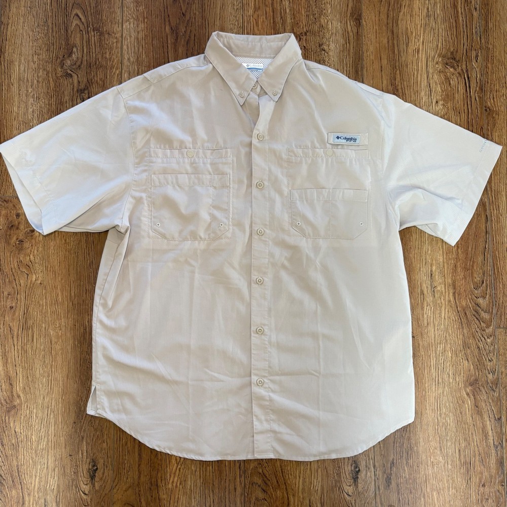 Columbia PFG tan Omni-Shade Short Sleeve Fishing Shirt Mens M Utility Buttons