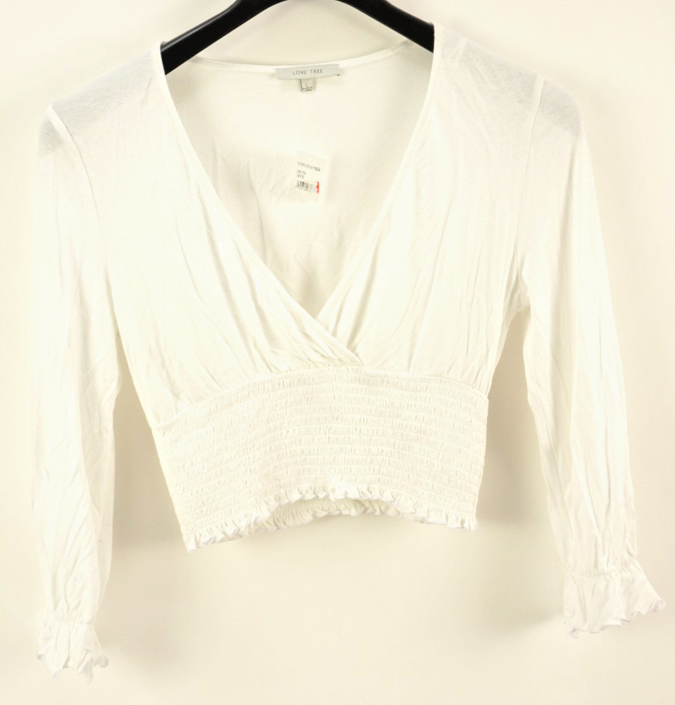 New Love Tree Smocked Long Sleeve V-Neck Crop Top Womens Size Large White Jersey