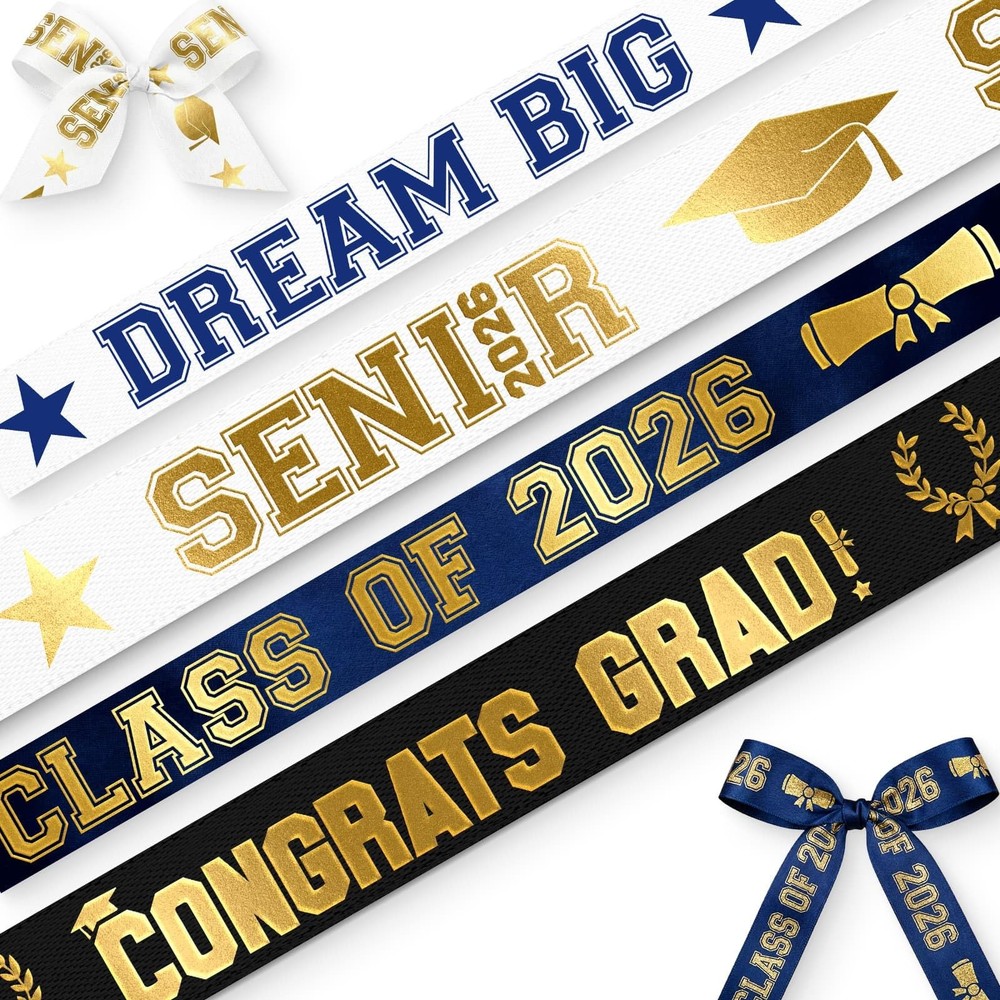 Class of 2026 Graduation Satin Ribbon 4 Pack, Gold Foil Royal Blue Satin Ribbons