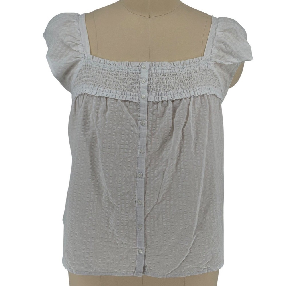 Old Navy Blouse White Smocked Square Neck Button Front Flutter Sleeve 2X