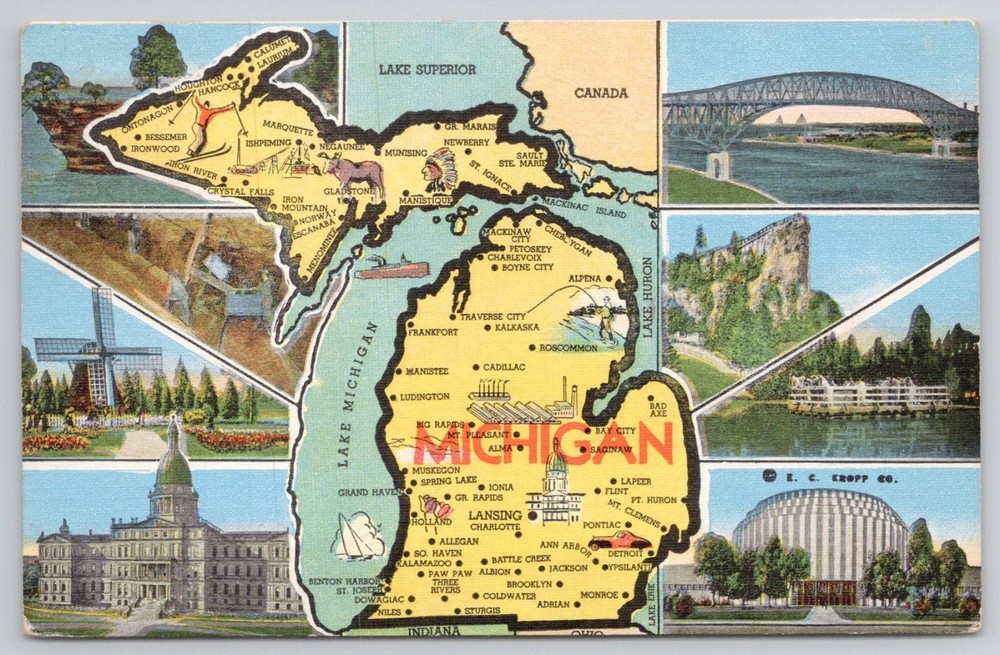 Vintage 1956 Michigan Map Postcard - Multi-View Linen Postcard