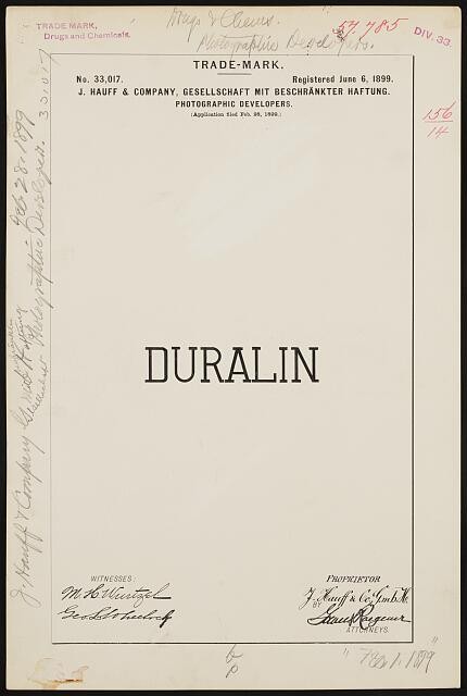 1899 J Hauff Co Duralin Trademark Registration Photographic Developers