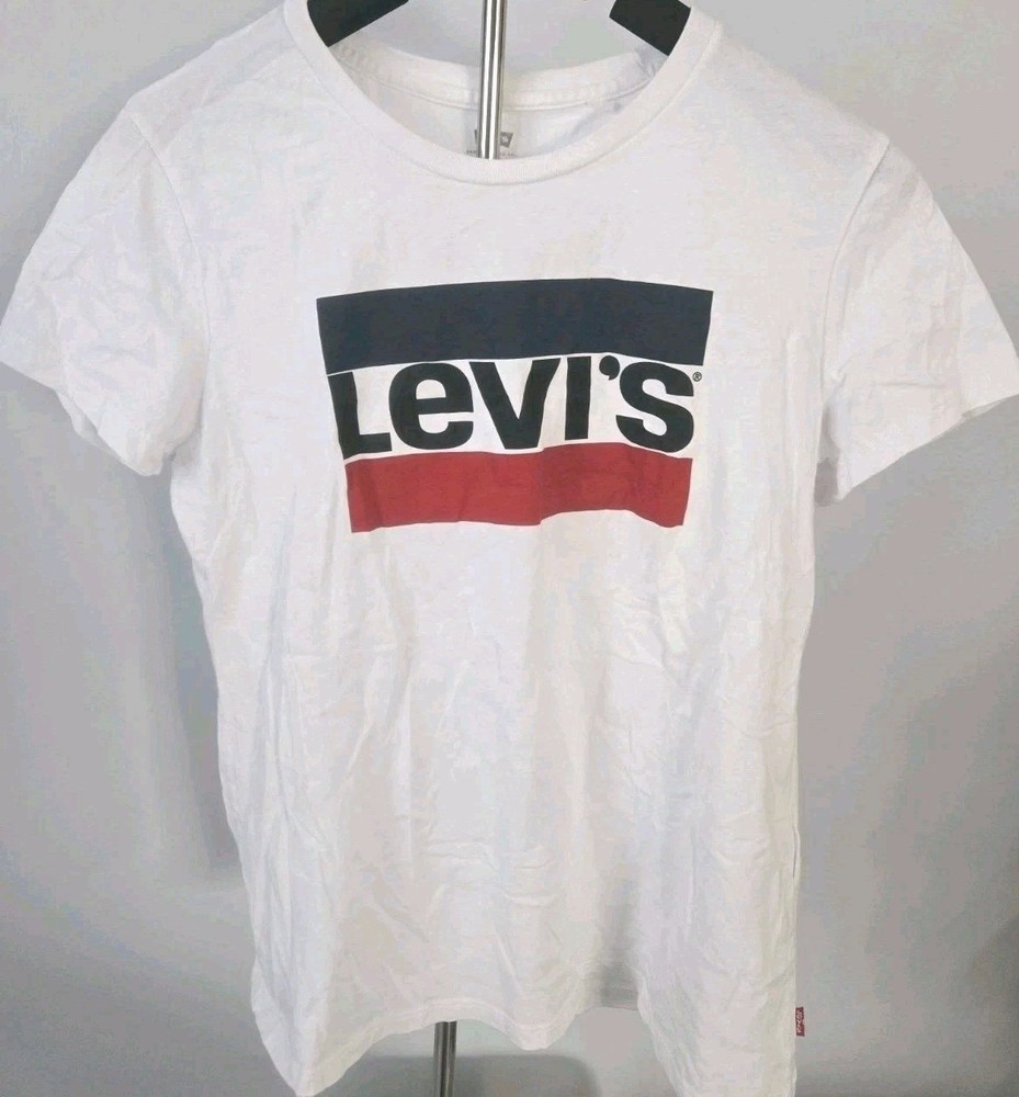 Levi’s Women’s Medium White Graphic Logo T Shirt Red Blue Box Logo Short Sleeve