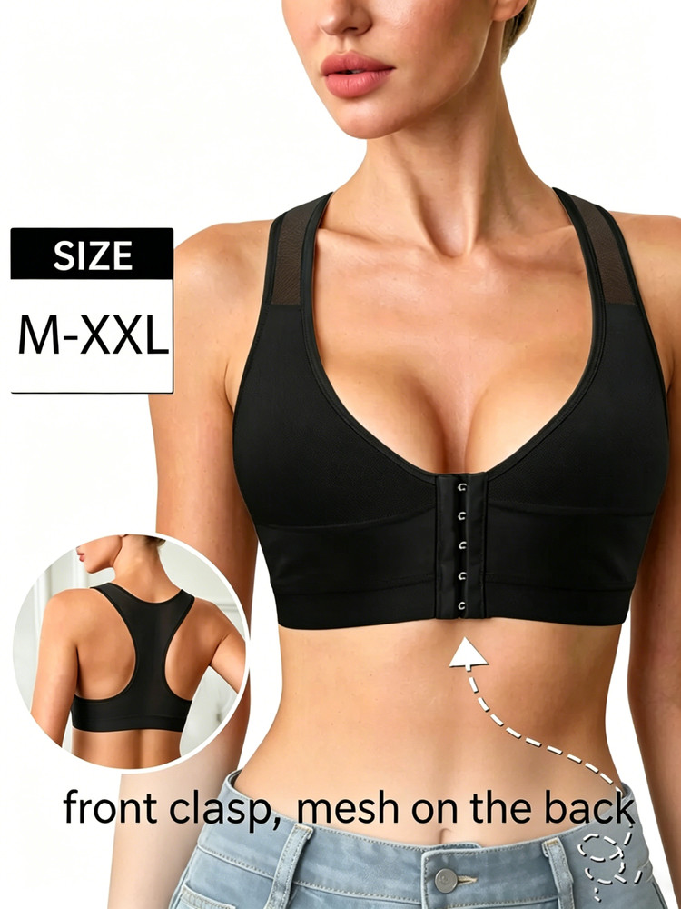 Women Front Closure Racerback Bra Wireless Mesh Breathable Comfort Sports Bra