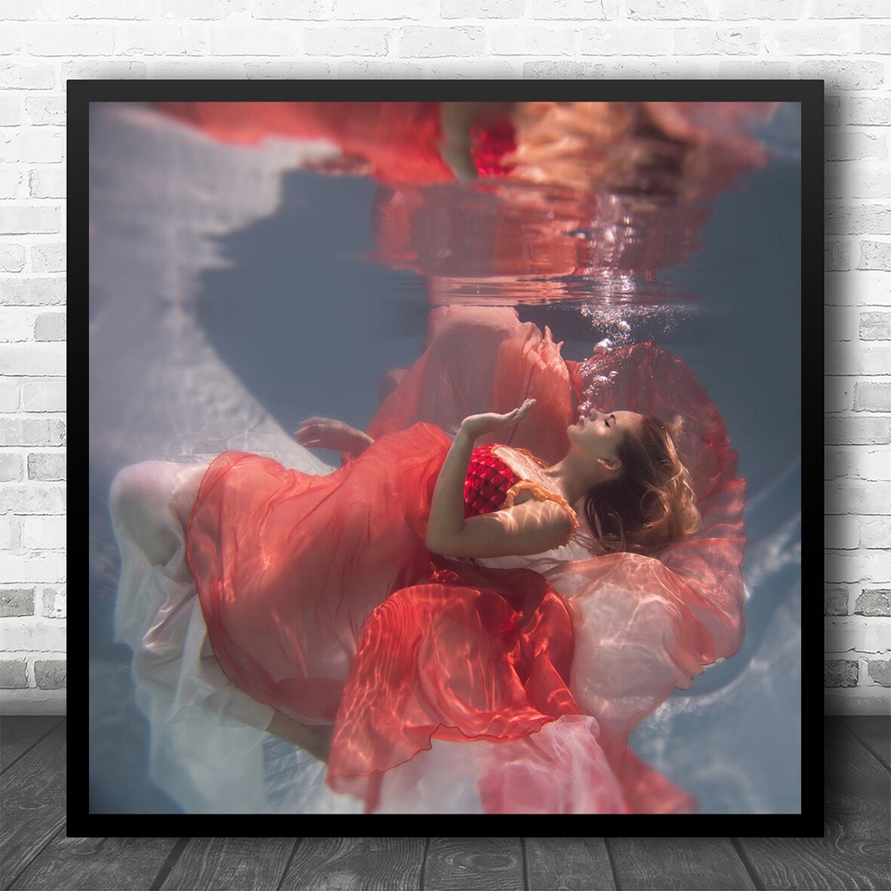 Underwater Dress Red Model Bubble Breath Bubbles Portrait Girl Wall Art Print