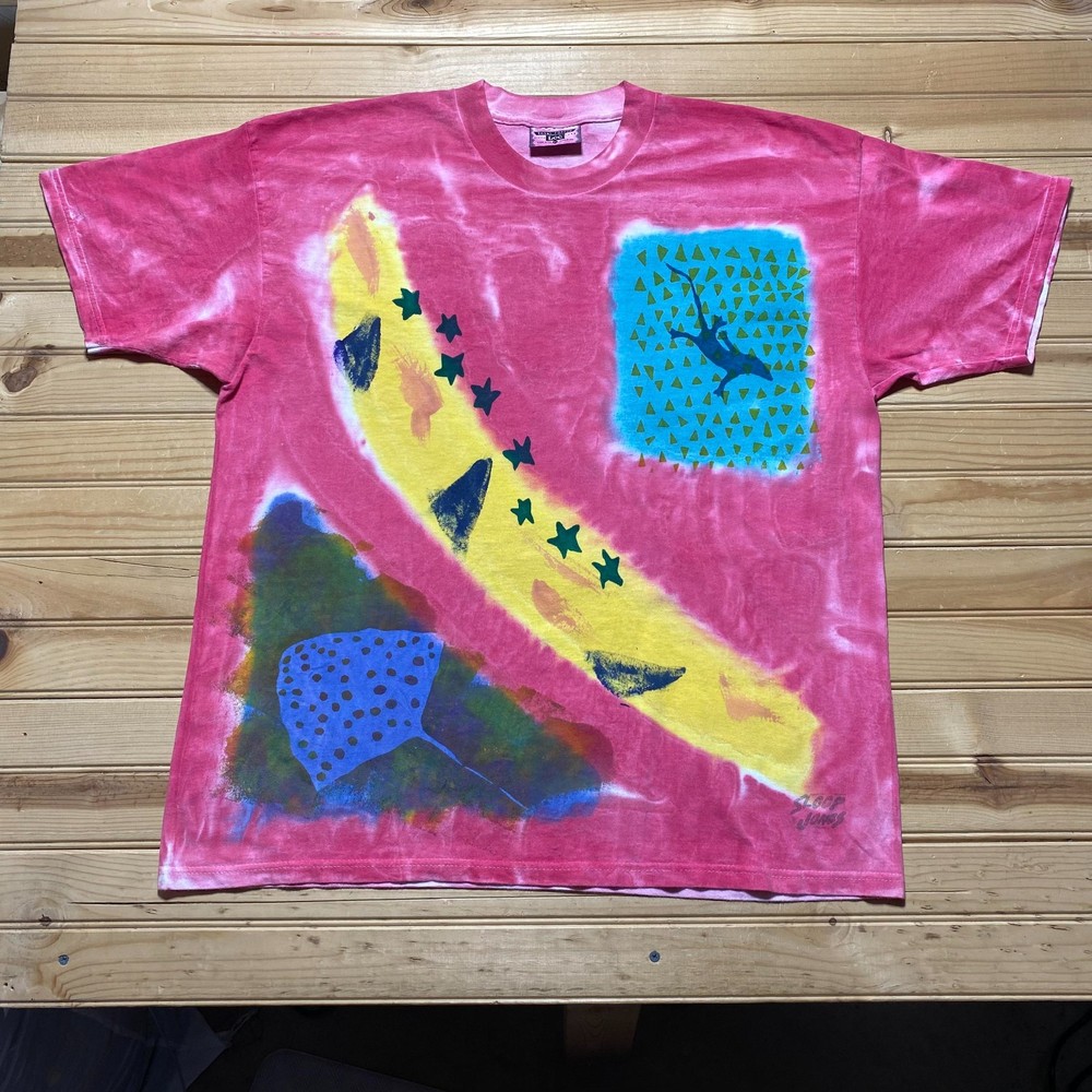 Vintage 90s Lizard Fish Turtle Sloop Jones Painted Art Tie-Dye T-Shirt Size XL