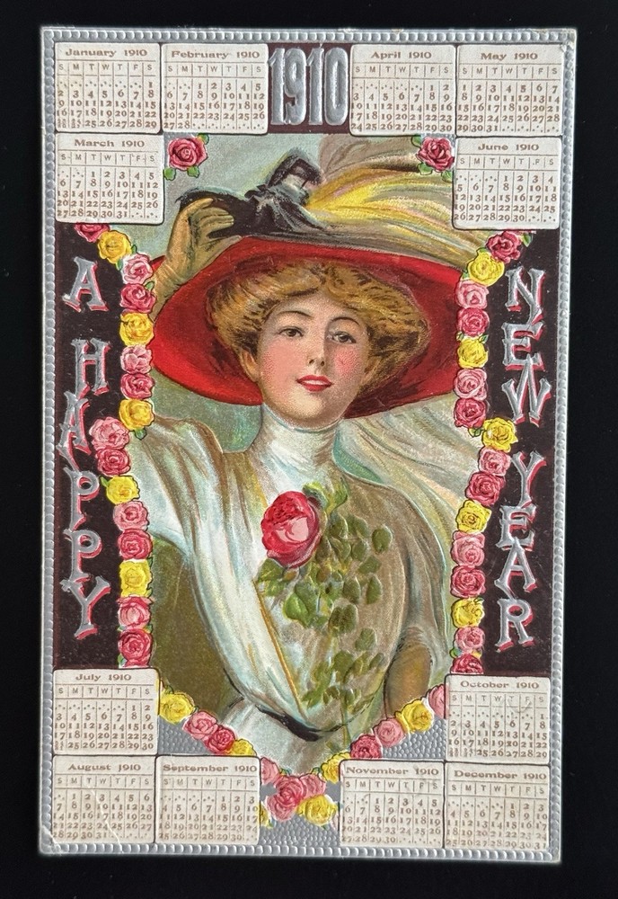 New Year Postcard Pretty Woman Flowers Calendar Embossed c1910's Posted Antique