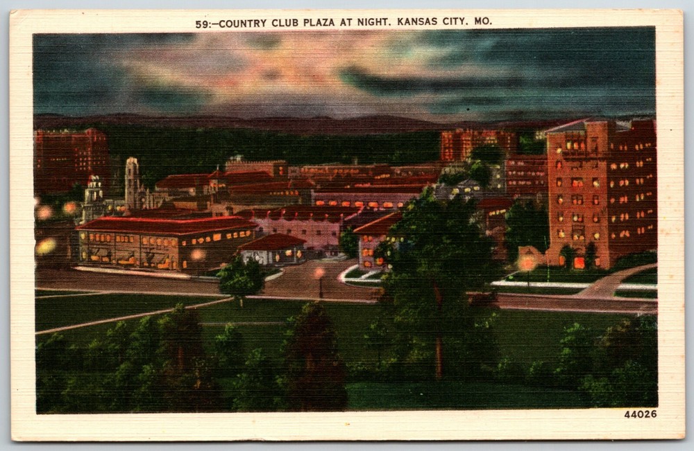 Country Club Plaza at Night, Kansas City, Missouri - Postcard