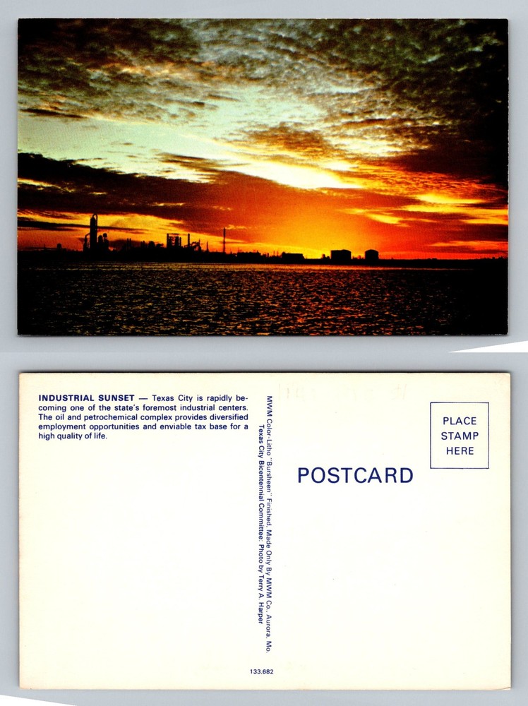 Texas City, TX-Texas, Industrial Sunset Skyline Oil Refinery Vintage Postcard