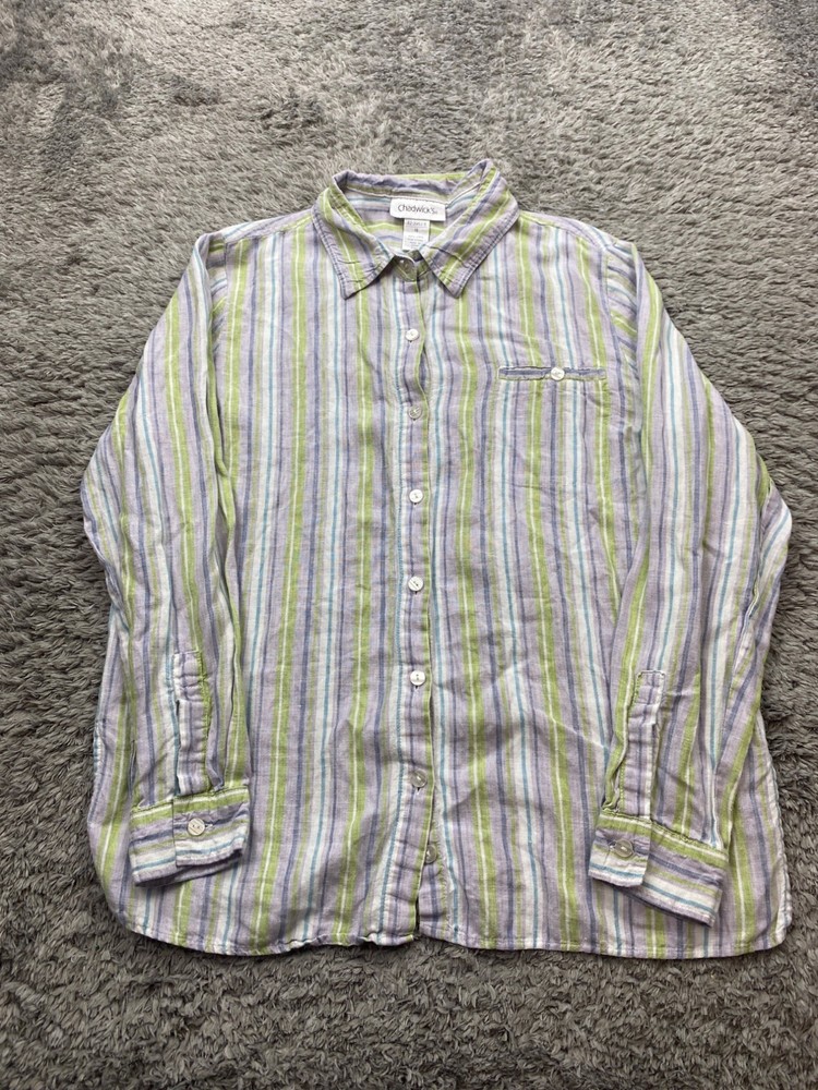 Chadwicks Top Womens 14 Lavender Purple Stripe Linen Long Sleeve Button Up Shirt