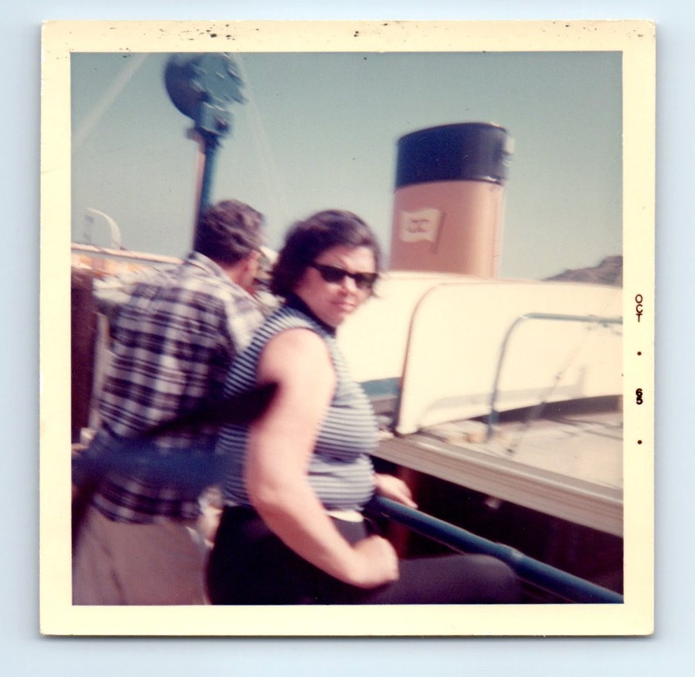 Old Vintage Square Color Photo MAN WOMAN BY CRUISE SHIP FOUND SHAPSHOT PIC