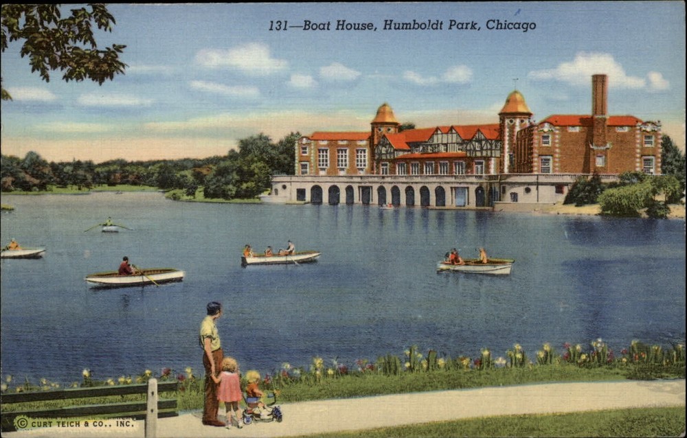 Chicago Illinois Humboldt Boat House row boats park ~ unused linen postcard