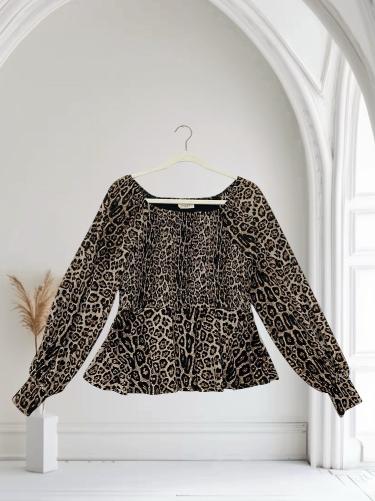 Womens Animal Print Smocked Peplum Top Size Large Stretch Summer Chic