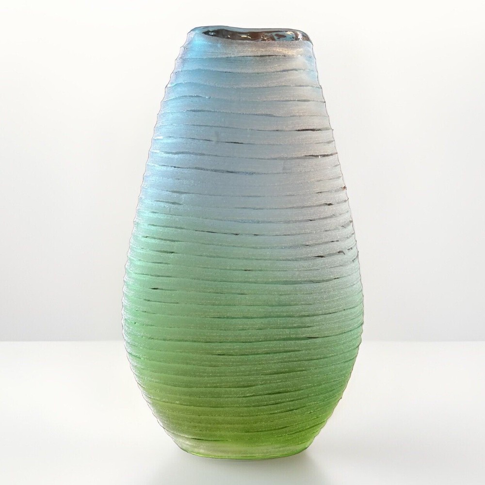 Glass Art Vessel Vase Frosted Sandblasted Ombre Green to Blue Stunning