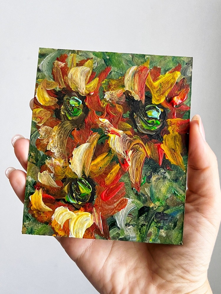 Rustic Sunflowers Acrylic Floral Semi-Abstract Small Original Art