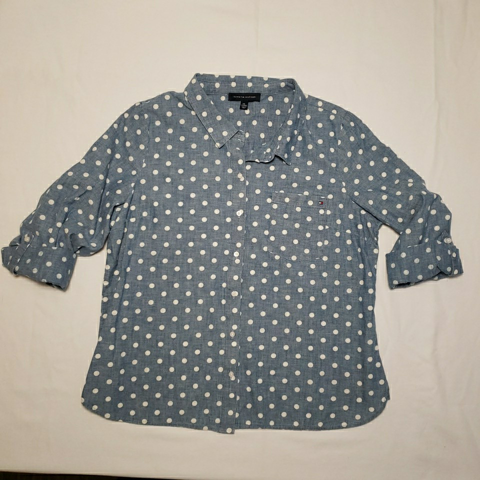Tommy Hilfiger Denim Button Up Shirt Womens XXL Polka Dot Roll Tab Long Sleeve