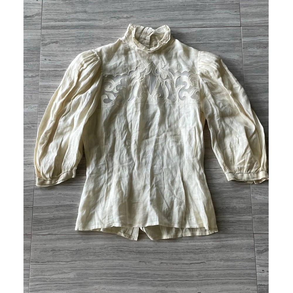 Irish Linen Pale Yellow Size 4 Ruffle Neck Pleated Waist Puff 3/4 Sleeve Vintage