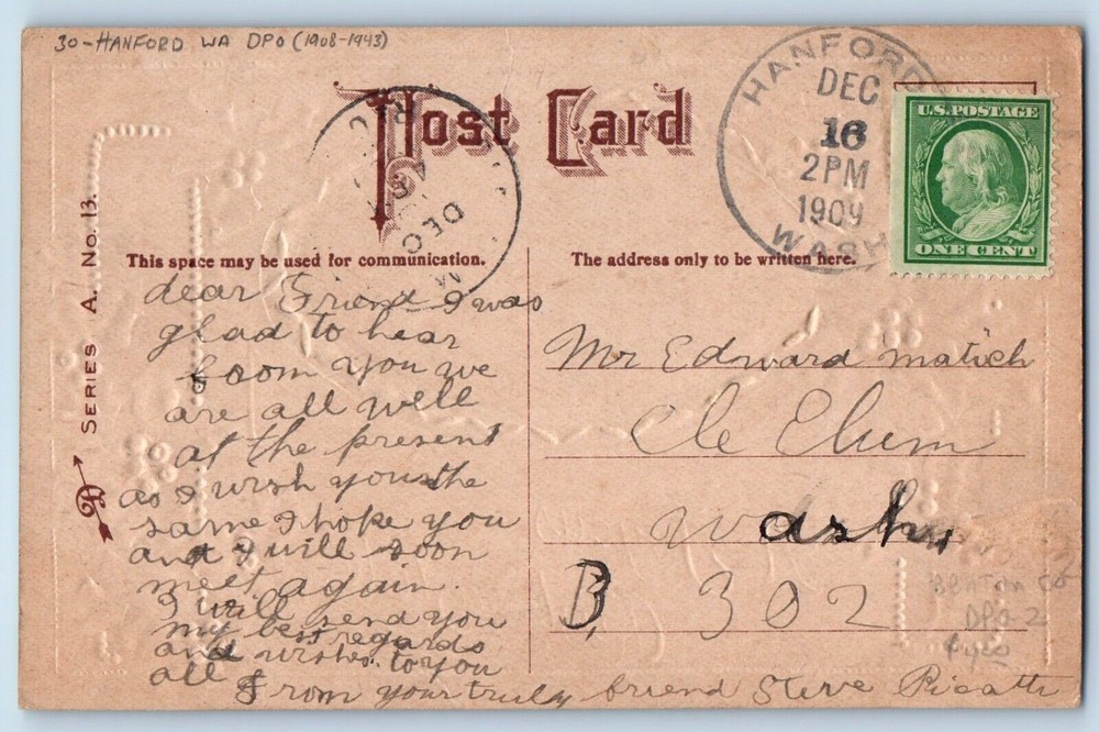 DPO (1908-1943) Hanford Washington WA Postcard Christmas Holly Berries Winter
