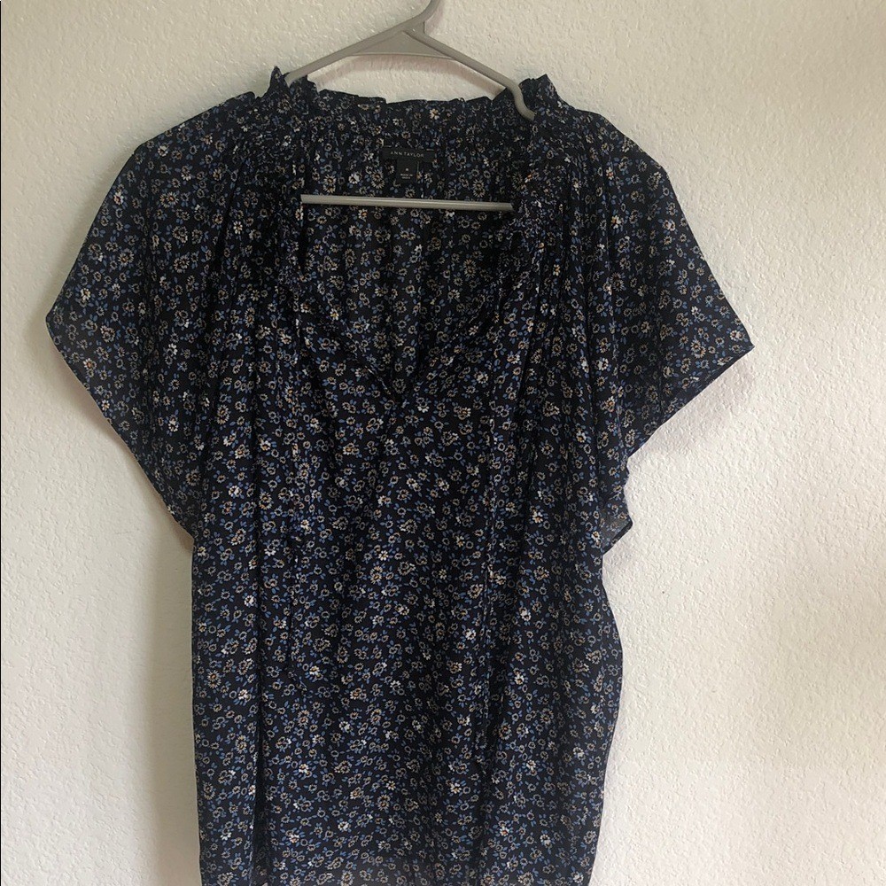 Ann Taylor Navy Blue Floral Blouse Sheer Medium