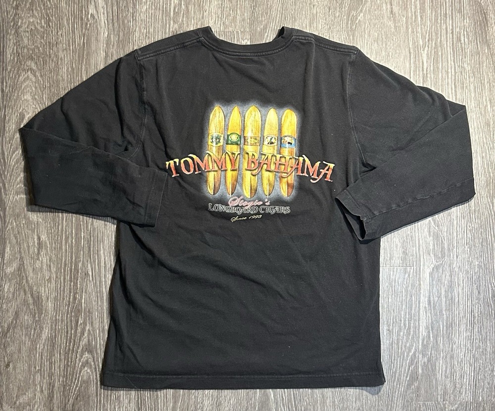 Tommy Bahama Men's S Black Cigars Surf Graphic Crew Long Sleeve Cotton T-Shirt