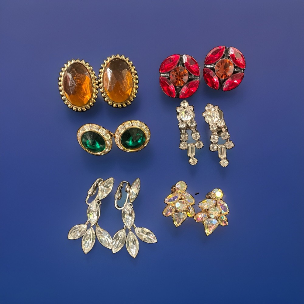 Vintage Costume Earrings Lot of 6 Rhinestone Clip Back.