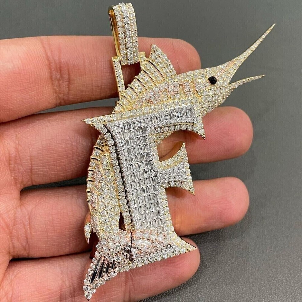 3.28 Ct Natural Moissanite Custom Fish Letter Pendant in 925 Silver for Men