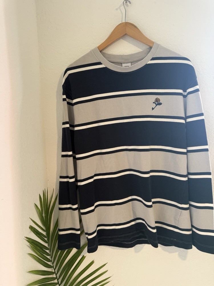 ZARA Men's Striped Cotton Knit Long Sleeve Crew Neck T-Shirt Navy Gray L
