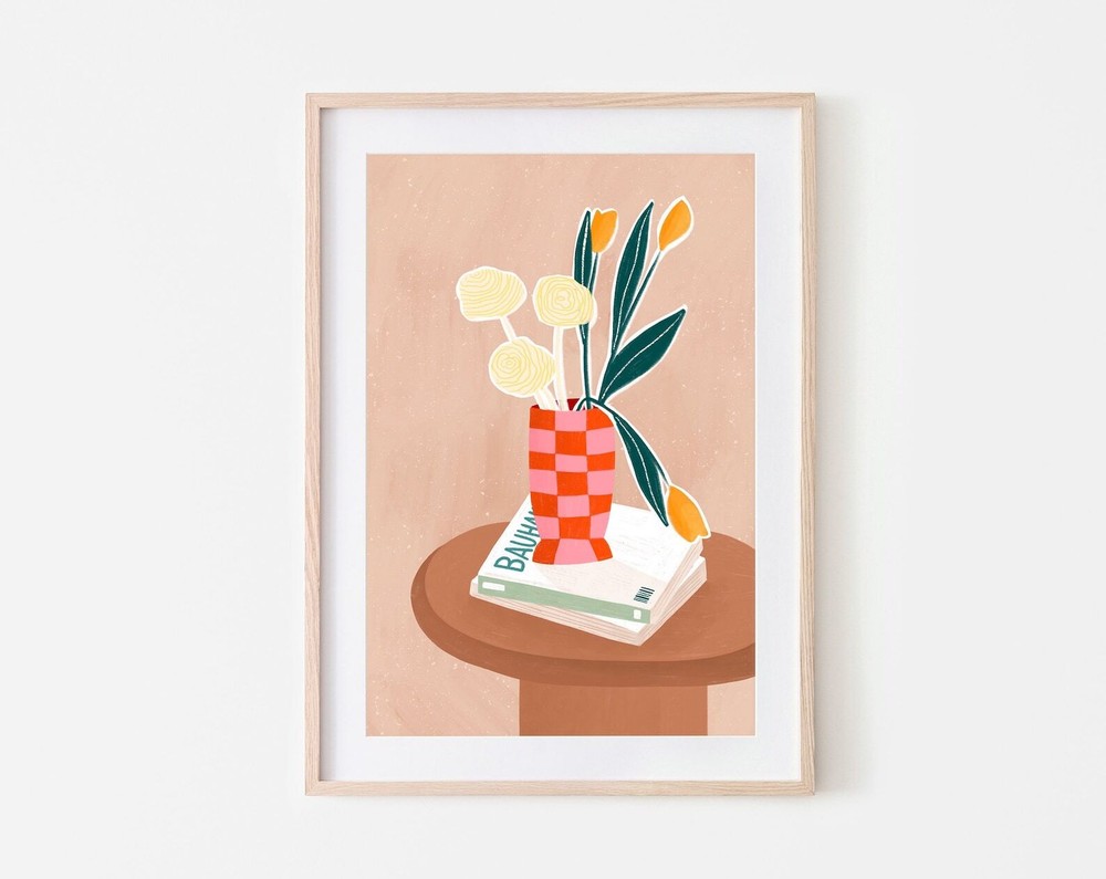 Checkered Vase Floral Art Print Colourful Vase Illustration Botanical Drawing