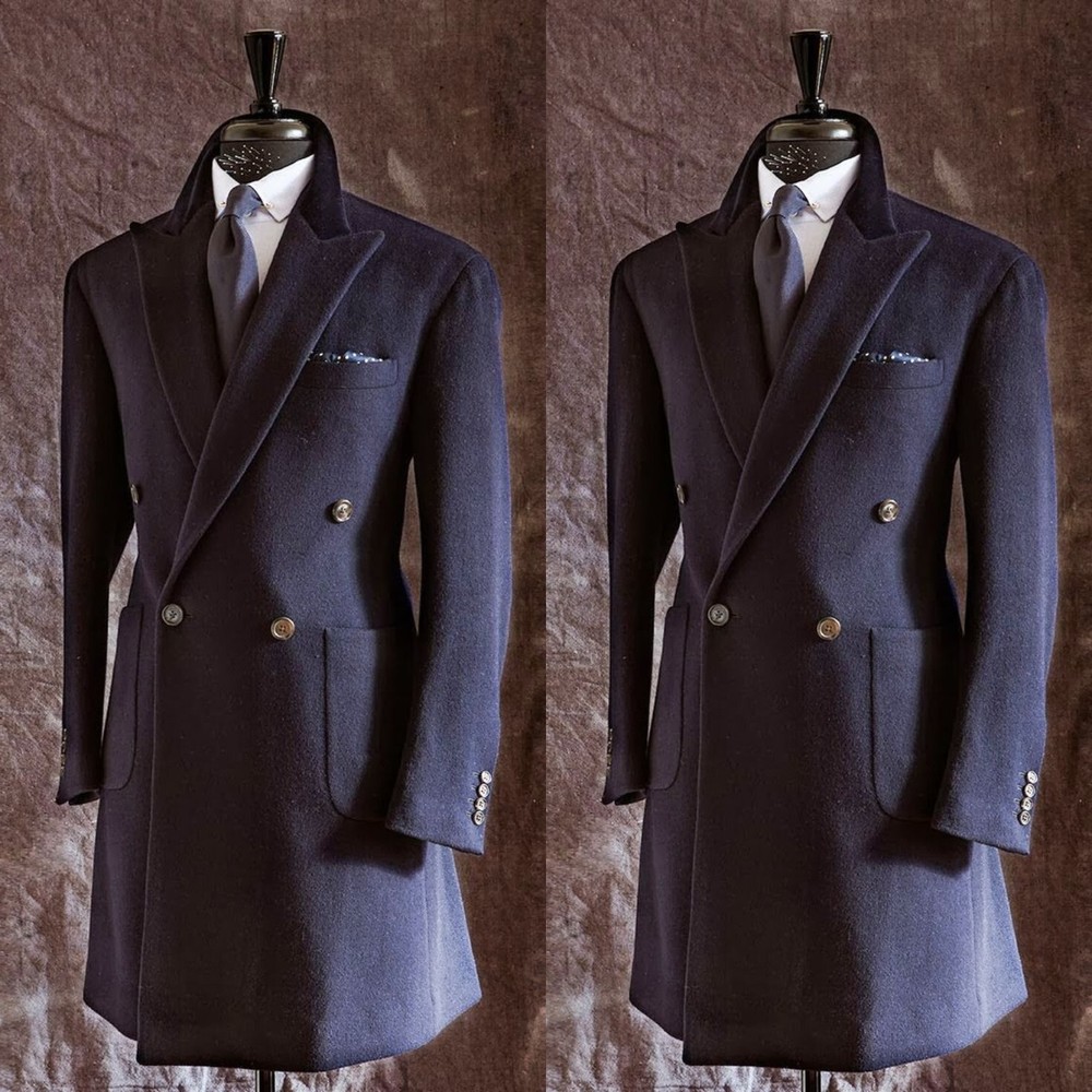 Double Breasted Men's Long Overcoats Wool Blend Business Peak Lapel Jacket Coat