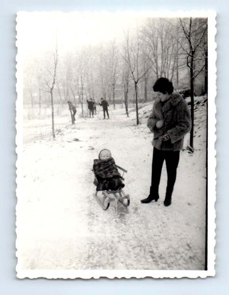 Old Vintage Photo WOMAN AND GIRL ON SNOW SLED SLEDDING WINTER SCENE SNAPSHOT