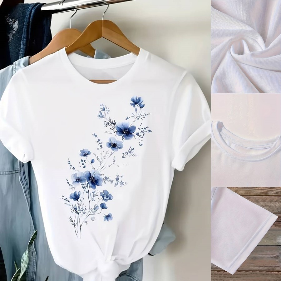 Women Floral Graphic T-Shirt Blue Flower Casual Crew Neck Short Sleeve Tee Top