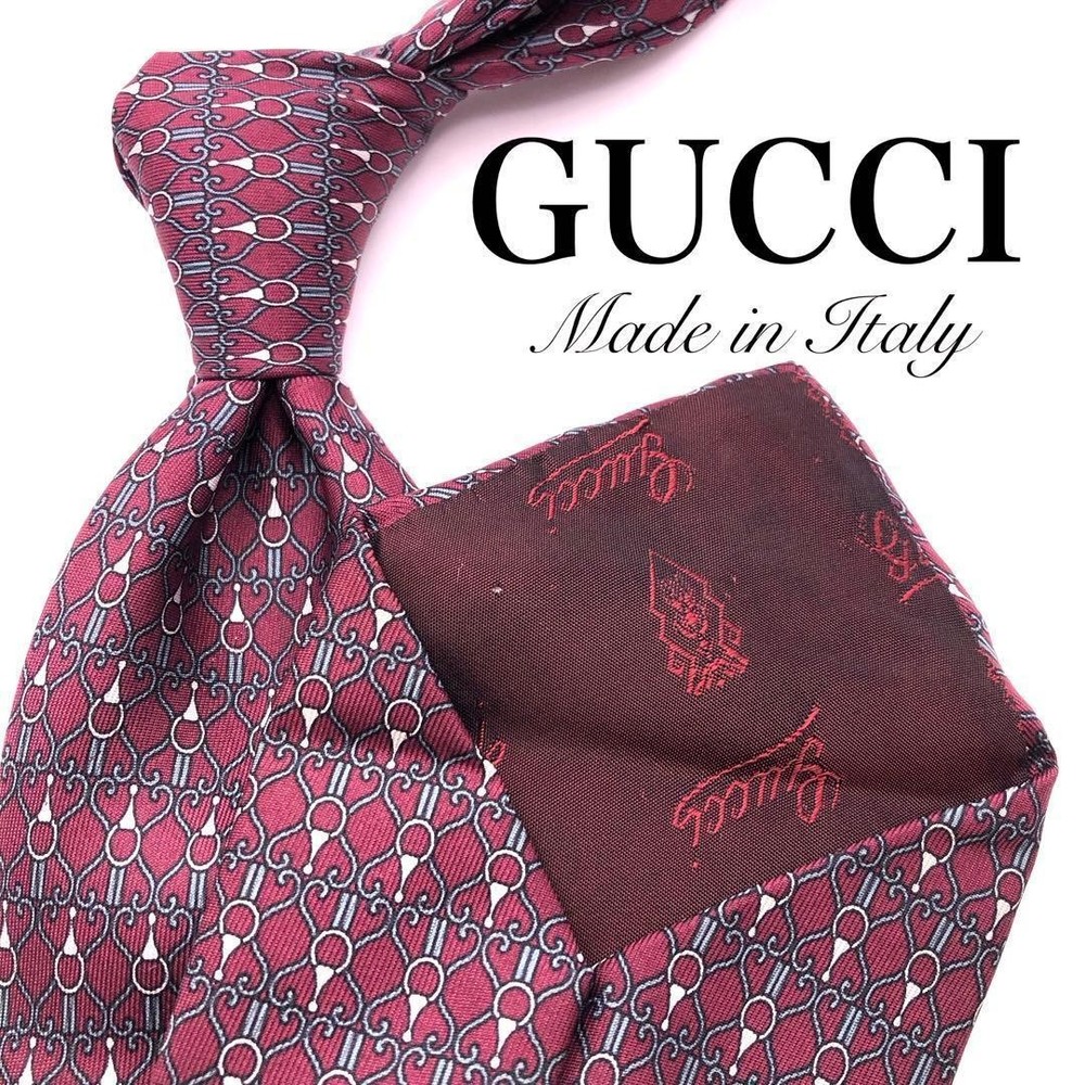 GUCCI Necktie Tie Wine Red All over small pattern 100% Silk Made in Italy Men's
