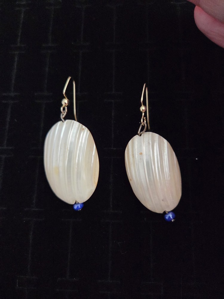 Vintage MOTHER OF PEARL Earrings Large PUFFY Oval Pierced Dangles Blue