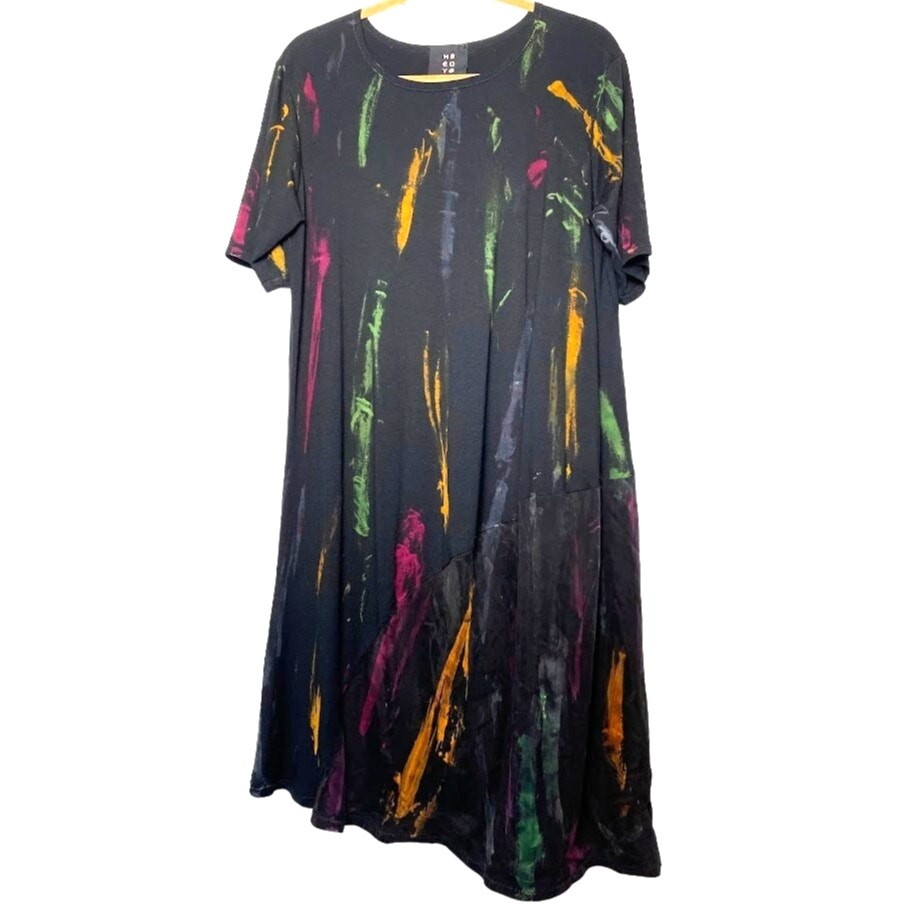 HEYNE BOGUT Slant Dress Womens Small Multicolored Short Sleeve Lagenlook Midi