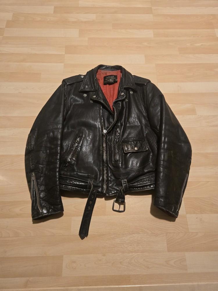 Vintage Mens Sears OAKBROOK Black Leather motorcycle D pocket Biker Jacket Sz 36