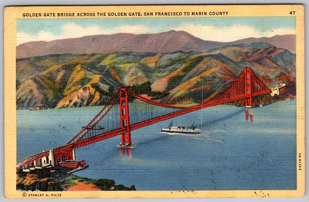 Vtg Linen Postcard Golden Gate Bridge San Francisco, CA 1940s