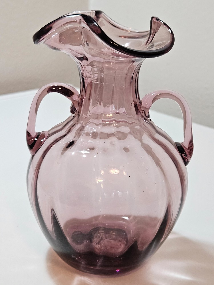 Vintage Hand Blown Purple Amethyst Glass Vase, Ruffled Lip, Urn Handles 6