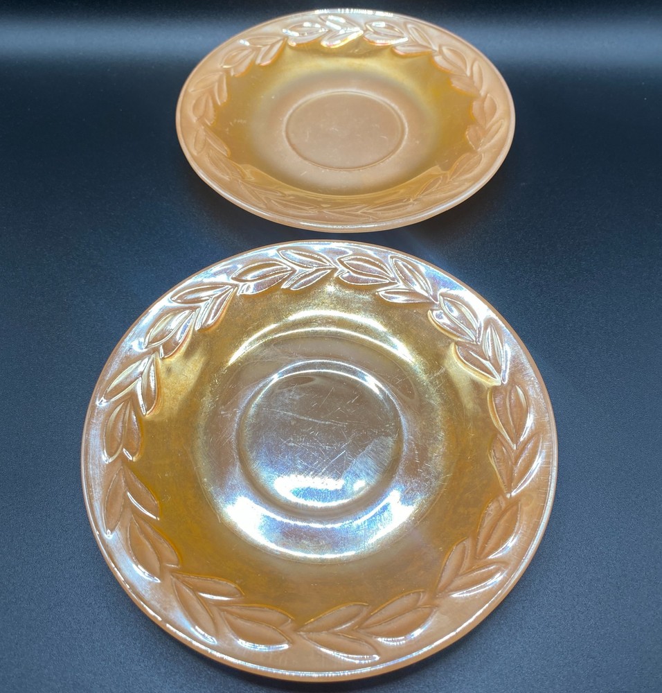 2 Fire King Anchor Hocking Peach Lustre Laurel Leaf Saucers 5.75