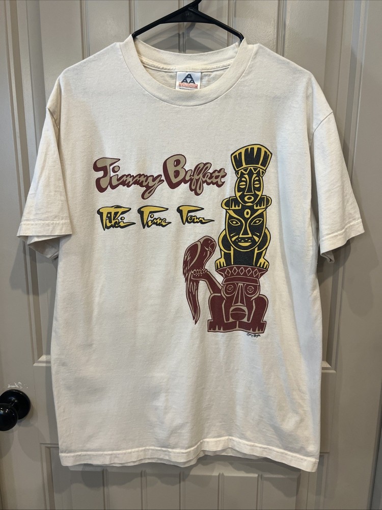VINTAGE Jimmy Buffett 2003 Tiki Time Tour Shirt Mens Large Cream Concert AAA Tag