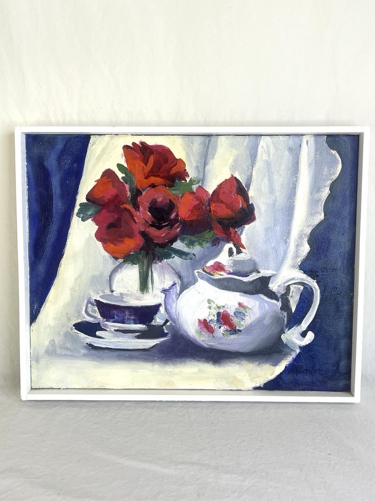 Vintage Still Life Original Painting of Bouquet Teapot and Teacup Framed Signed