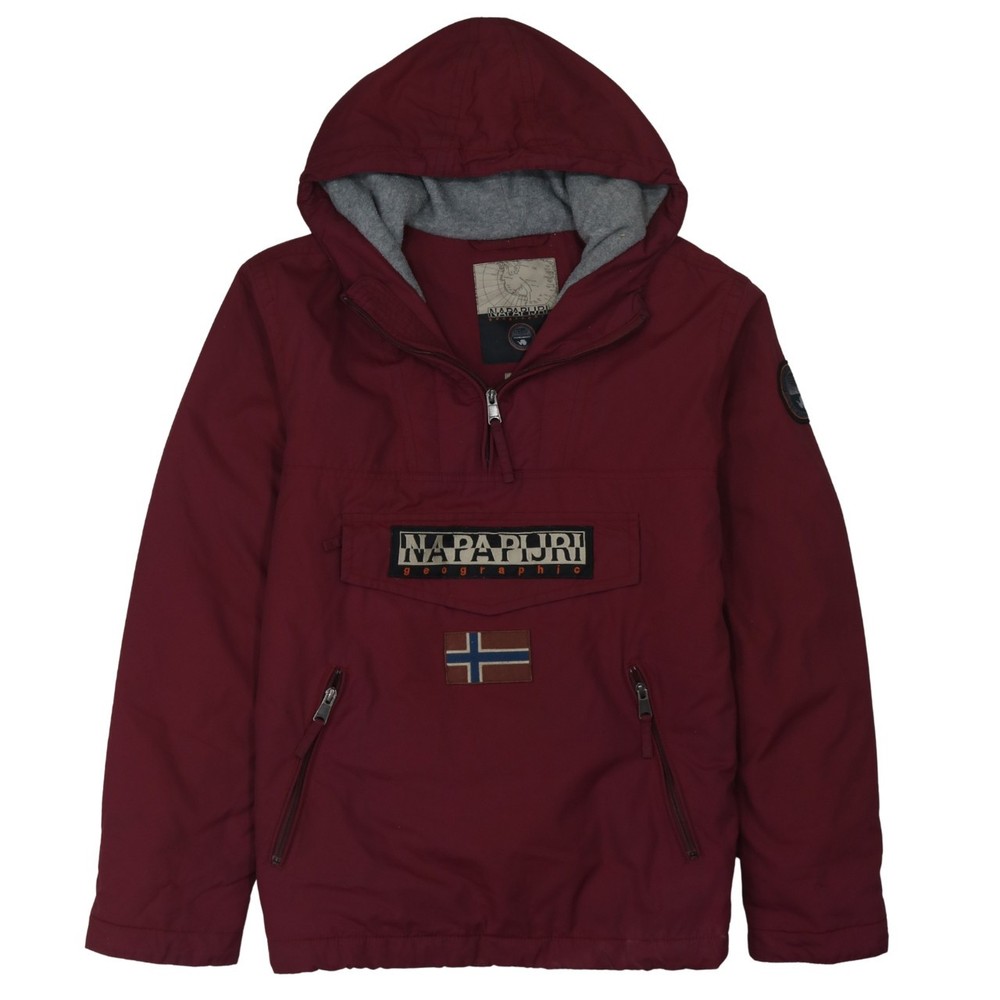 Napapijri Mens Anorak Jacket Burgundy Hooded 1/4 Zip Embroidered Front Logo S
