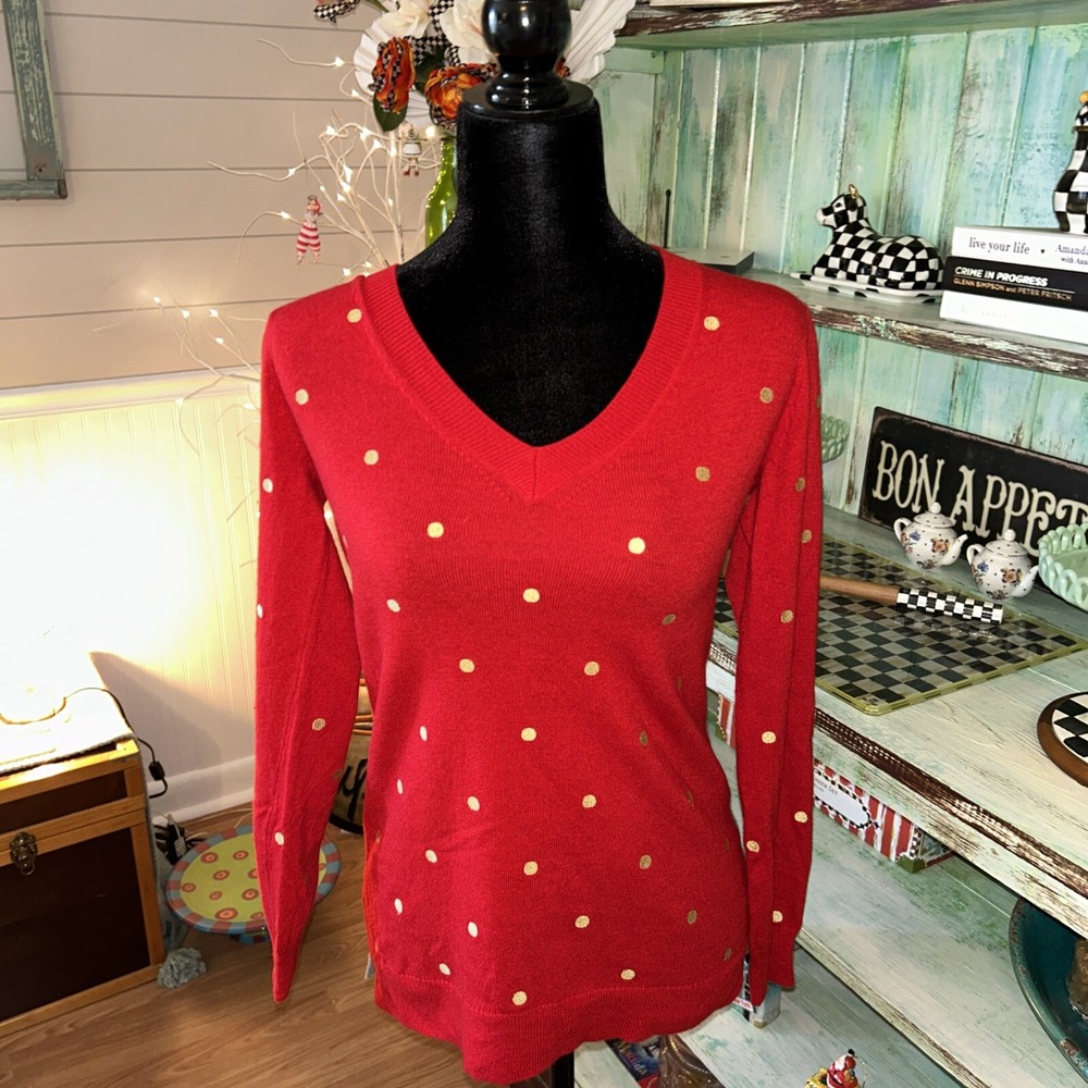 J. CREW Womens Red Knit Long Sleeve Cotton Wool Blend Sweater Size Small V Neck