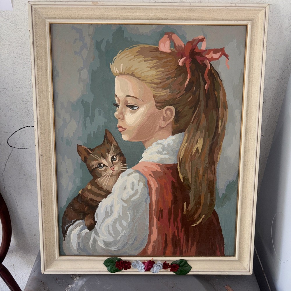 Vintage Painting, Girl with Kitten, Framed Painting, portrait, painting