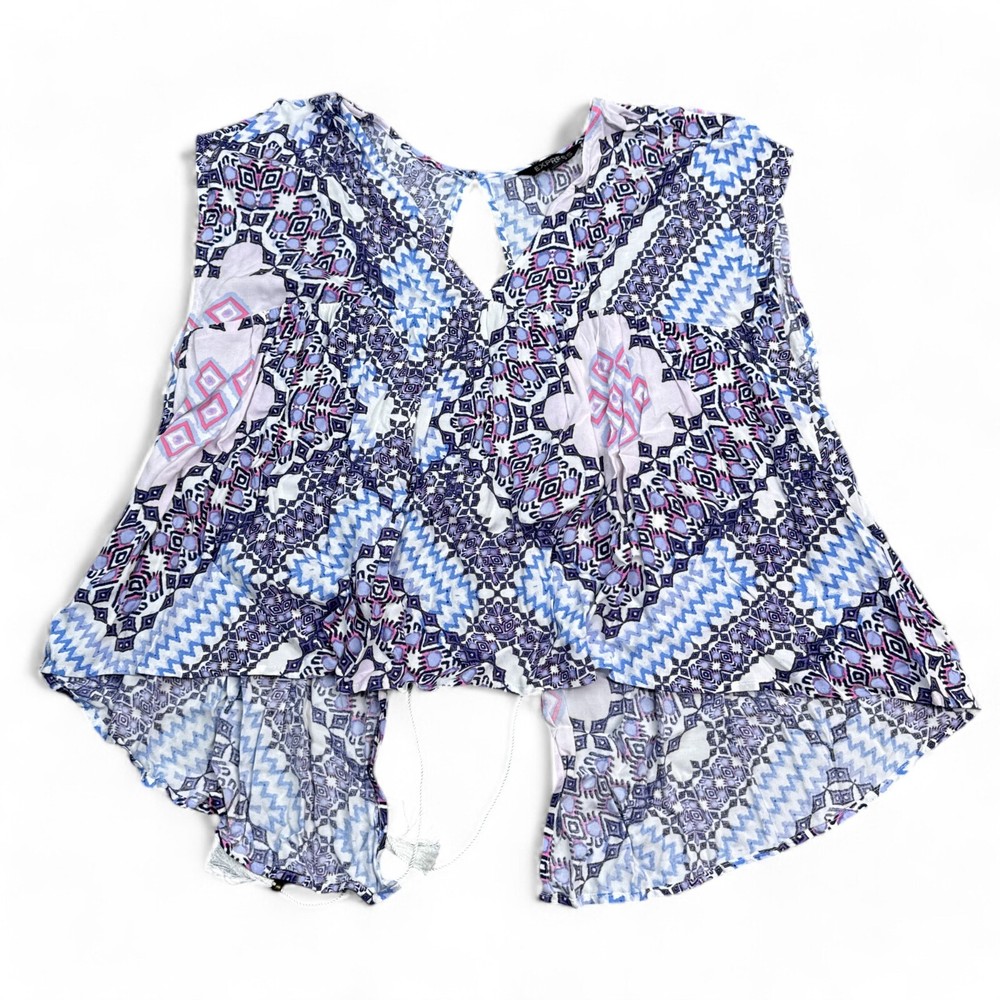 Express Tunic Top Womens Size Large White Blue Boho Open Back Tasseled
