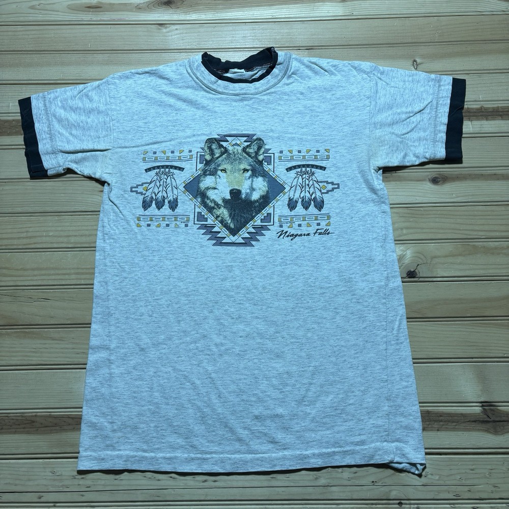 Vintage90s Niagara Falls Wolf Native American Feather Tribal Shirt Size Medium